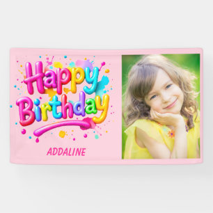 誕生日おめでとう キッズ ピンク イエロー グラフィティ 写真入り バナー 横断幕