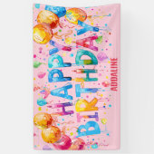 誕生日おめでとう キッズ ピンク オレンジ 水彩 横断幕 (縦)