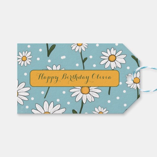 誕生日おめでとう ティールカラーの可愛いデイジーの花 ギフトタグ (正面(横))