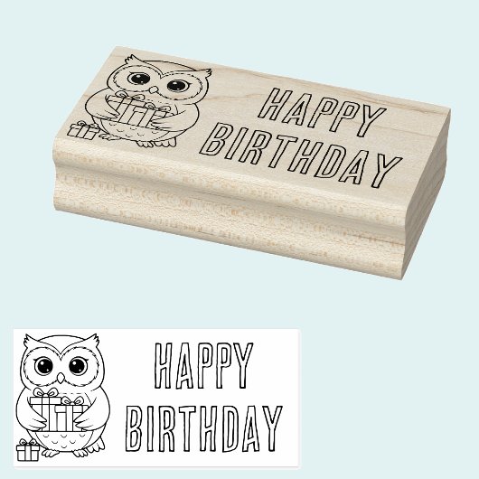 誕生日おめでとう フクロウのプレゼント 木製スタンプ ラバースタンプ