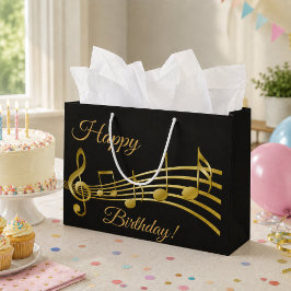 誕生日おめでとう ブラック ゴールド 音符 ラージペーパーバッグ