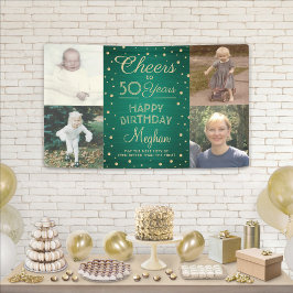 誕生日おめでとう ブラッシュドグリーンとゴールドの4枚の写真入りバナー 横断幕