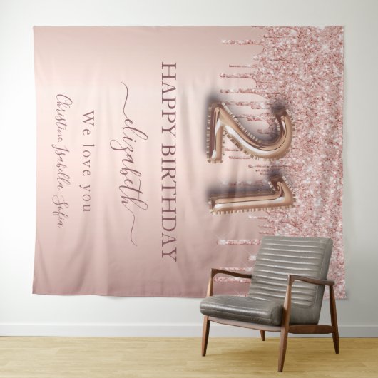 誕生日おめでとう ローズゴールドのブッシュグリッター 友達 タペストリー (インサイチュ(横))