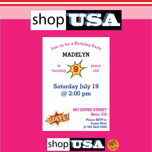 🎉 誕生日おめでとう！少女スーパーヒーロー空を飛ぶ 💥 フォト 招待状