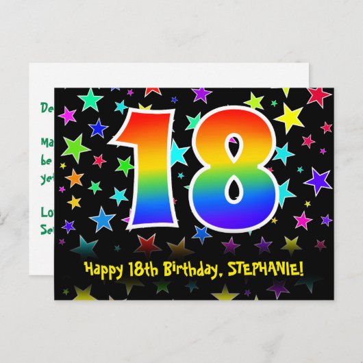 誕生日おめでとう!楽しいスター柄、虹の18、名前入り ポストカード (正面/裏面)