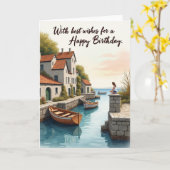 誕生日おめでとう 海辺の村のカード カード (黄色い花)