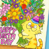 誕生日おめでとう 猫と花のグリーティングカード カード