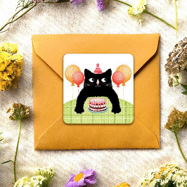 誕生日おめでとう 猫 ケーキと風船 ステッカー