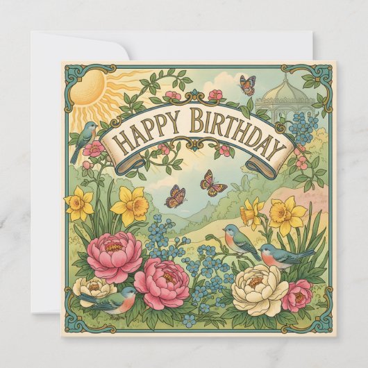 誕生日おめでとう 花 鳥 蝶々 カード (正面)