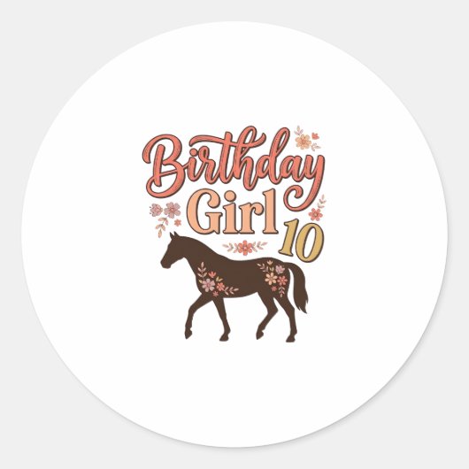誕生日おめでとう 馬 10頭 花柄 ベクター デザイン_1 ラウンドシール (正面)