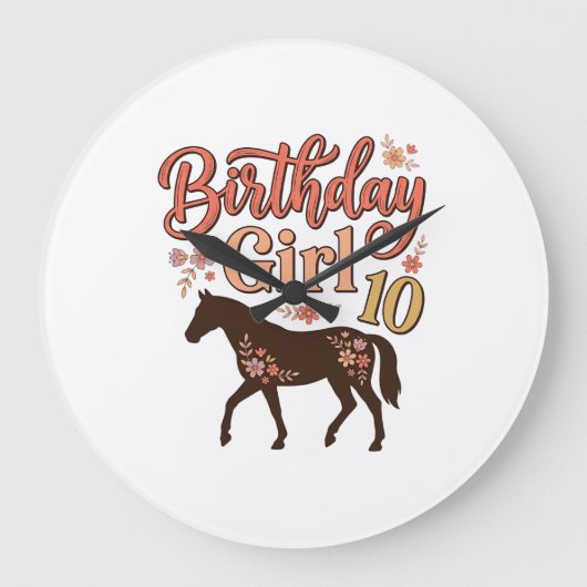 誕生日おめでとう 馬 10頭 花柄 ベクター デザイン_1 ラージ壁時計 (正面)