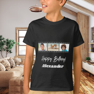 誕生日おめでとう 黒の写真フィルム コラージュ 名前入り 少年 Tシャツ
