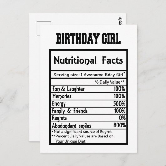 誕生日おもしろいの女の子の栄養事実 ポストカード (正面/裏面)