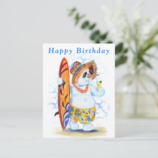 誕生日おもしろいカード(雪だるまサーファー付) ポストカード (スタンド正面)