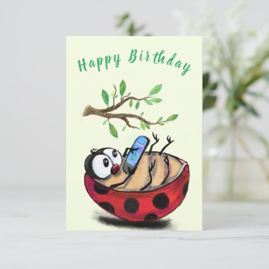 誕生日おもしろいカードHappy Ladybug with Phone (スタンド正面)