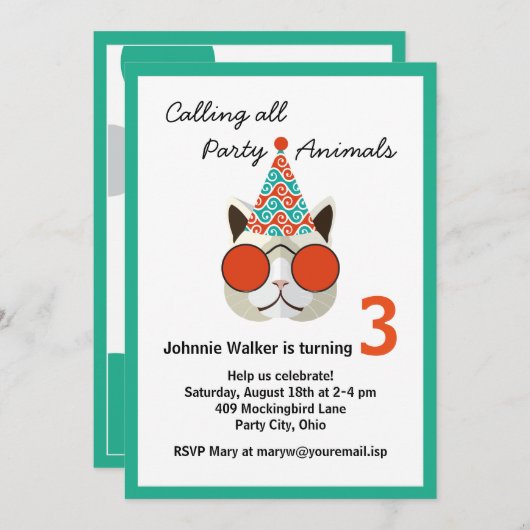 誕生日おもしろいパーティー動物 – すべての年齢 招待状 (正面/裏面)