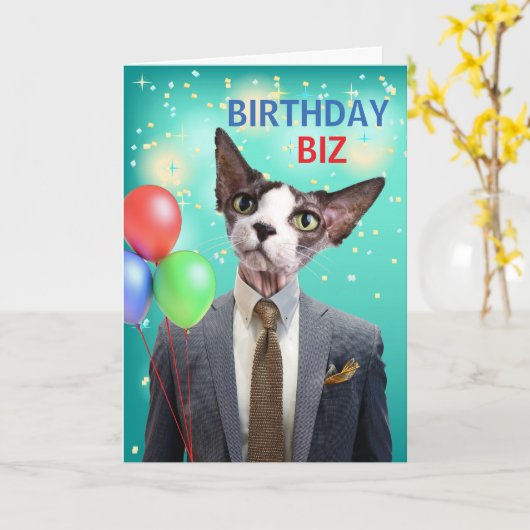 誕生日おもしろいビズキャットのスーツとネクタイ カード (黄色い花)