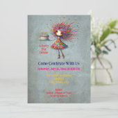 誕生日お洒落ガールホールディングケーキ 招待状 (スタンド正面)