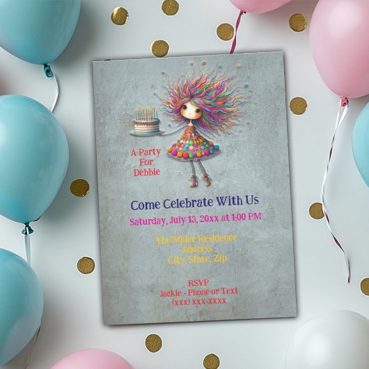 誕生日お洒落ガールホールディングケーキ 招待状