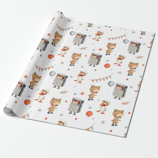 誕生日お洒落クマのアヒルの電卓の衣装 ラッピングペーパー (アンロールド)
