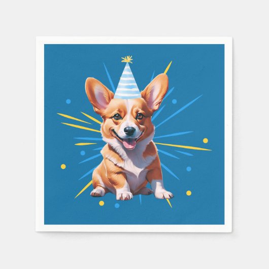 誕生日お洒落パーティーの帽子をかぶったウェルシュコーギー スタンダードカクテルナプキン (正面)