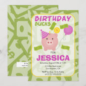 誕生日お金貯金箱の女の子のパーティー招待状 招待状 (正面/裏面)