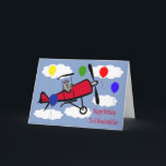 誕生日からSONへのグリーティングカード カード<br><div class="desc">飛行機の雲の中で、かわいい小さなハッピーバースデーをかぶった、愛らしいアライグマを持つ素敵な息子に祈ります。背景は青い空かわいらしです。</div>