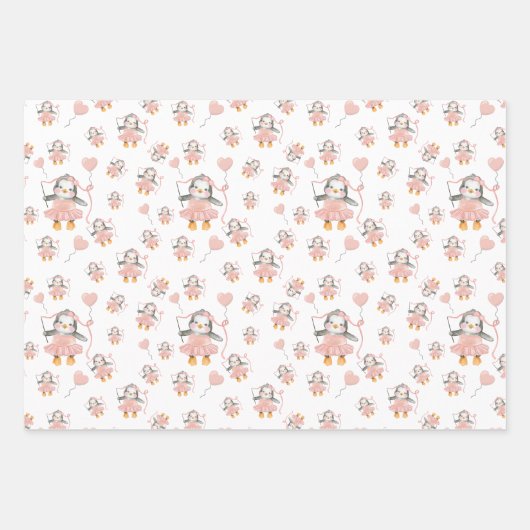 誕生日かわいいバレリーナペンギンピンク ラッピングペーパーシート (正面3)