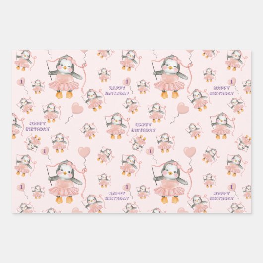 誕生日かわいいバレリーナペンギンピンク ラッピングペーパーシート (正面2)
