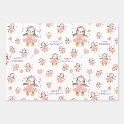 誕生日かわいいバレリーナペンギンピンク ラッピングペーパーシート (正面)