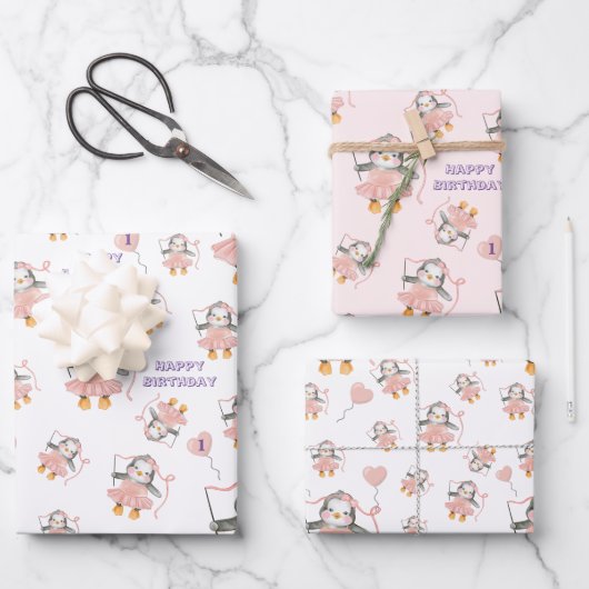 誕生日かわいいバレリーナペンギンピンク ラッピングペーパーシート (正面)