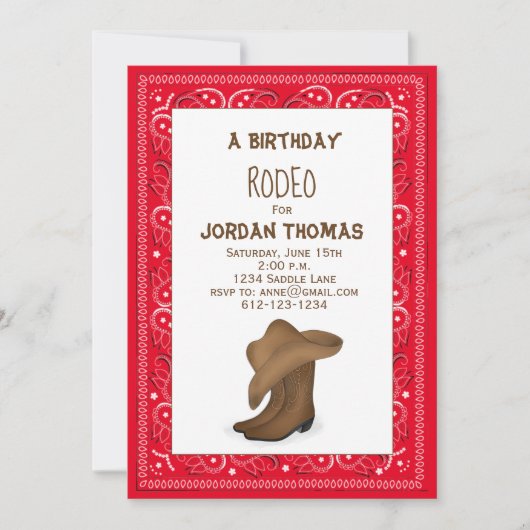 誕生日かわいいレッドバンダナカウボーイハットとブーツ 招待状 (正面)