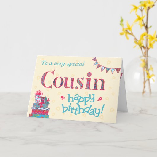 誕生日かわいらしカード（従姉妹、バンティング、ギフト用） カード (黄色い花)