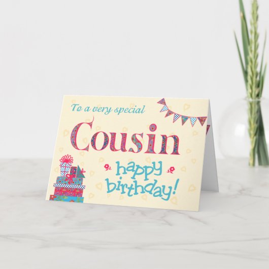 誕生日かわいらしカード(従姉妹、バンティング、ギフト用) カード (正面)