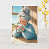 誕生日かわいらしシニアレディーコーヒー カード (黄色い花)