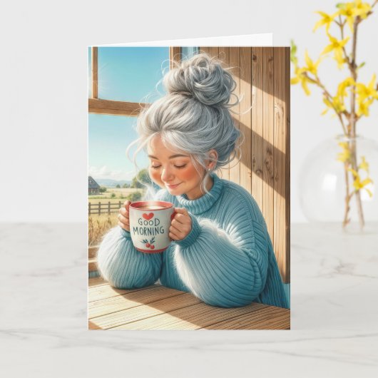 誕生日かわいらしシニアレディーコーヒー カード (黄色い花)