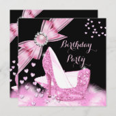 誕生日かわいらしパーティーグリッターピンクハイヒール2 招待状 (正面/裏面)