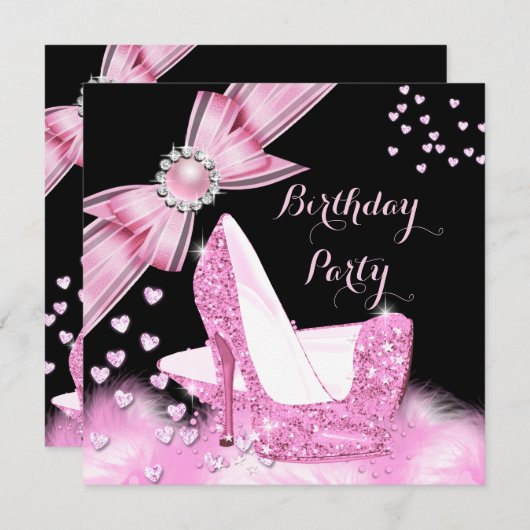 誕生日かわいらしパーティーグリッターピンクハイヒール2 招待状 (正面/裏面)
