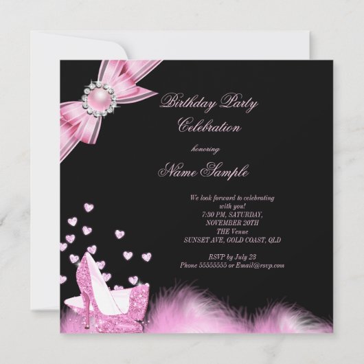 誕生日かわいらしパーティーグリッターピンクハイヒール2 招待状 (裏面)