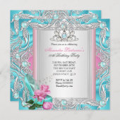 誕生日かわいらしパーティーティール(緑がかった色)ピンクローズハイヒール3 招待状 (正面/裏面)