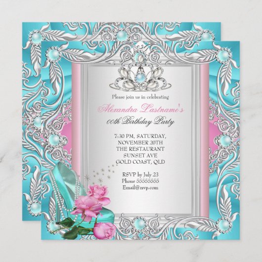 誕生日かわいらしパーティーティール（緑がかった色）ピンクローズハイヒール3 招待状 (正面/裏面)