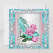 誕生日かわいらしパーティーティール(緑がかった色)ピンクローズハイヒール3 招待状 (裏面)