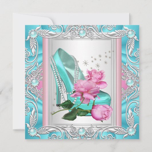 誕生日かわいらしパーティーティール（緑がかった色）ピンクローズハイヒール3 招待状 (裏面)