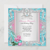 誕生日かわいらしパーティーティール（緑がかった色）ピンクローズハイヒール3 招待状 (正面)