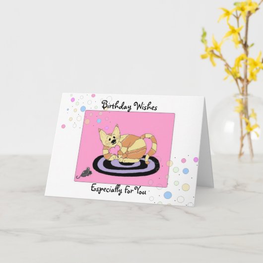 誕生日がマットの上で猫を願う カード (黄色い花)