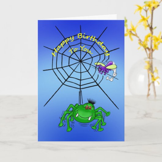 誕生日でのクモの漫画のくもの巣 カード (黄色い花)