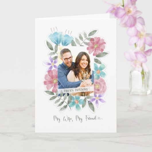 誕生日と妻カスタムの写真の水の色の花 カード (蘭)