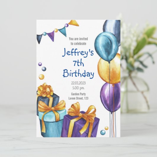 誕生日と風船とギフトの招待 招待状 (スタンド正面)