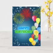 誕生日と風船の付いた花火カード カード (黄色い花)