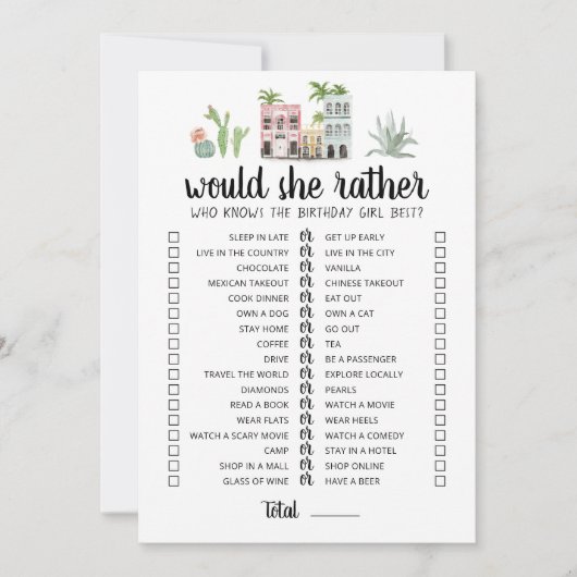 誕生日におすすめの「Would She Rather」編集可能なゲームカード 招待状 (正面)